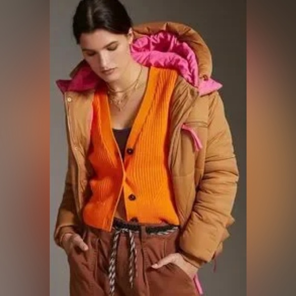 AVEC Les FILLES Brown Puffer Jacket with Pink Lining - Picture 2 of 15